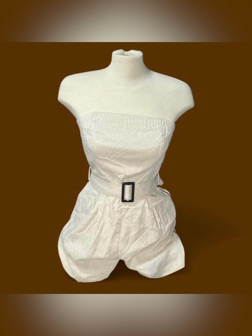 Strapless Cream Belted Linen-Blend Romper with Buckle Waist
